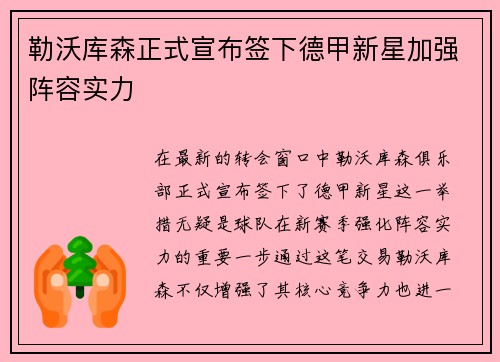 勒沃库森正式宣布签下德甲新星加强阵容实力